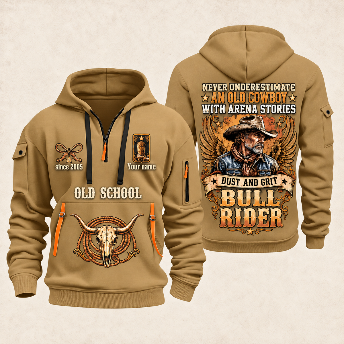 Bull Riding Bull Riding Old School Rider Quarter-Zip Hoodie with Name and Year - BR17667072 quarter-zip hoodie in Khaki, front and back, Your name and since 2005 artwork