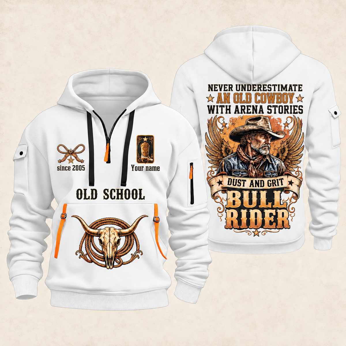 Bull Riding Bull Riding Old School Rider Quarter-Zip Hoodie with Name and Year - BR17667072 quarter-zip hoodie in White, front and back, Your name and since 2005 artwork