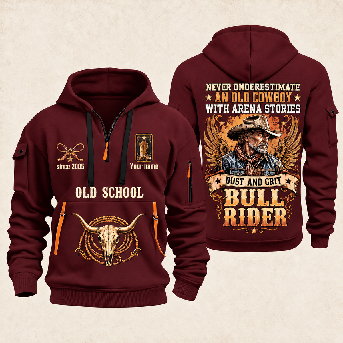 Bull Riding Bull Riding Old School Rider Quarter-Zip Hoodie with Name and Year - BR17667072 quarter-zip hoodie in Wine Red, front and back, Your name and since 2005 artwork