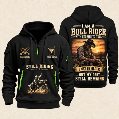 Bull Riding Bull Riding Still Got The Grit Quarter-Zip Hoodie with Name and Year - BR17667936 quarter-zip hoodie in Black, front and back, Your name and since 2005 artwork