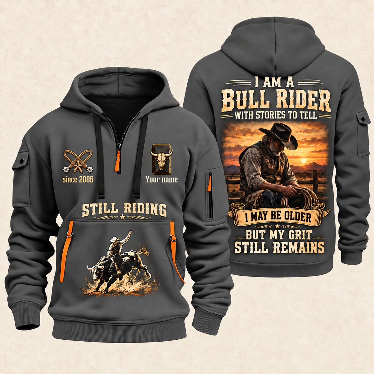 Bull Riding Bull Riding Still Got The Grit Quarter-Zip Hoodie with Name and Year - BR17667936 quarter-zip hoodie in Gray, front and back, Your name and since 2005 artwork