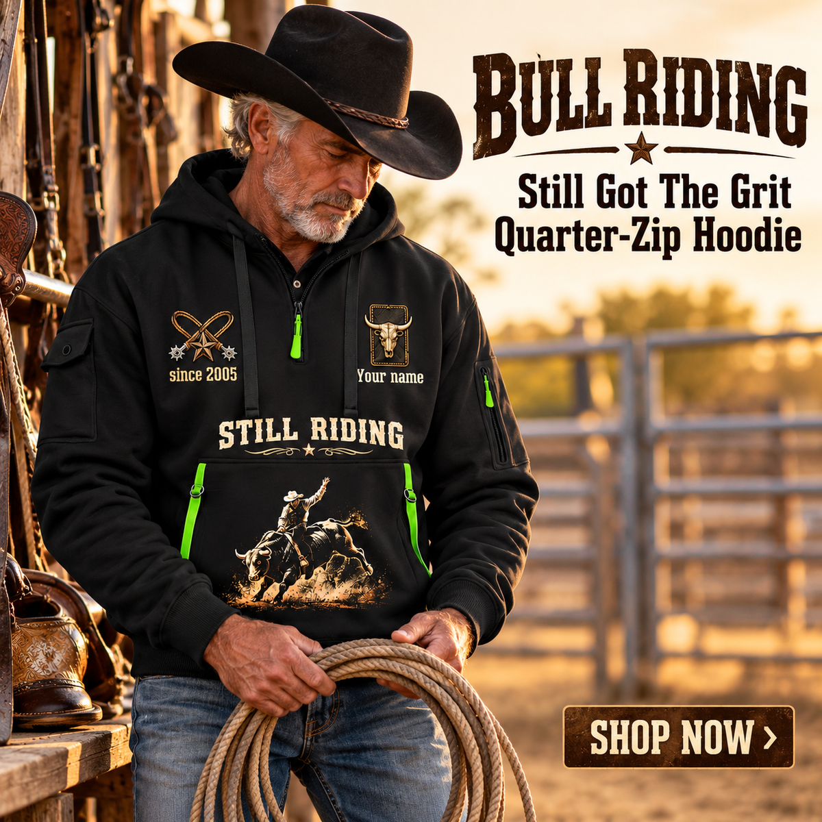 Bull Riding wearing Bull Riding Still Got The Grit Quarter-Zip Hoodie with Name and Year - BR17667936 quarter-zip hoodie in their workplace; product introduction and shopping call to action
