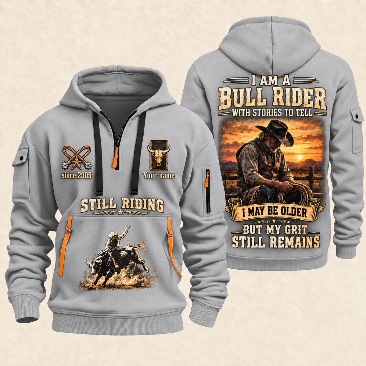 Bull Riding Bull Riding Still Got The Grit Quarter-Zip Hoodie with Name and Year - BR17667936 quarter-zip hoodie in Light Grey, front and back, Your name and since 2005 artwork