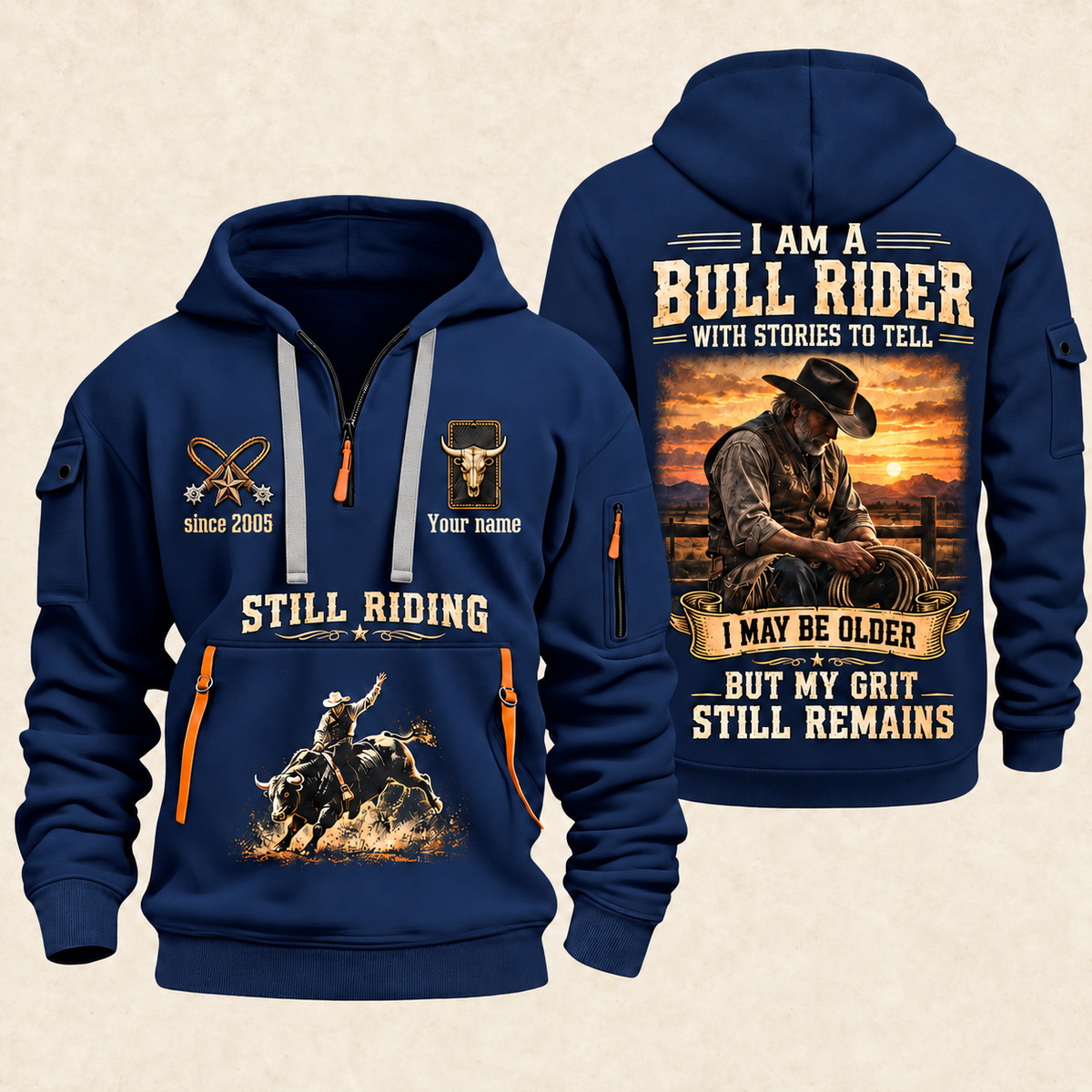 Bull Riding Bull Riding Still Got The Grit Quarter-Zip Hoodie with Name and Year - BR17667936 quarter-zip hoodie in Navy, front and back, Your name and since 2005 artwork