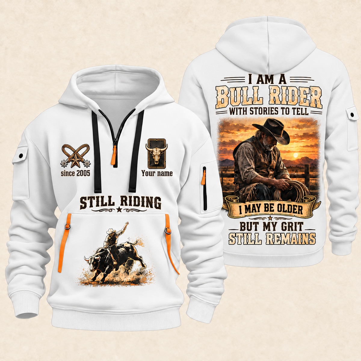 Bull Riding Bull Riding Still Got The Grit Quarter-Zip Hoodie with Name and Year - BR17667936 quarter-zip hoodie in White, front and back, Your name and since 2005 artwork