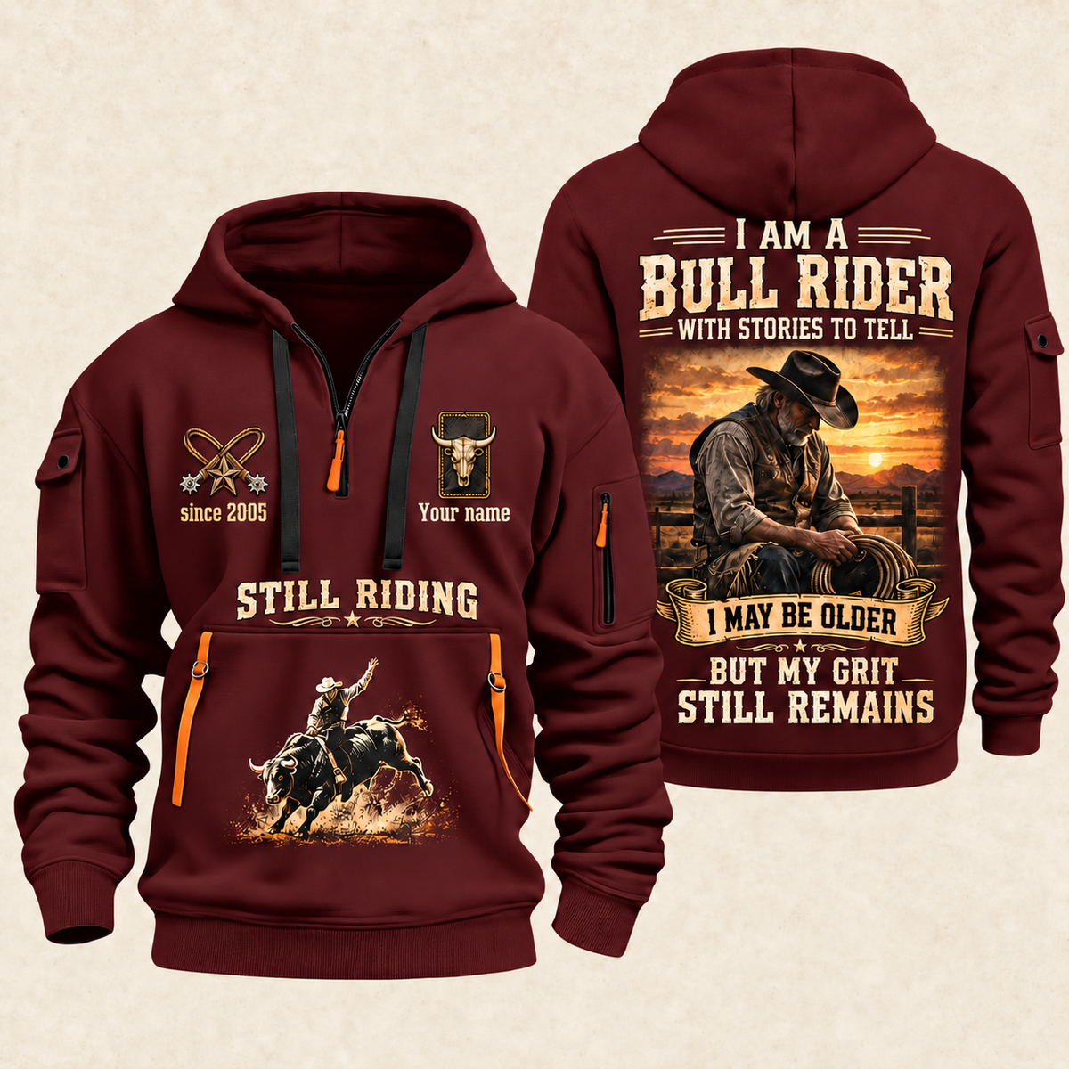 Bull Riding Bull Riding Still Got The Grit Quarter-Zip Hoodie with Name and Year - BR17667936 quarter-zip hoodie in Wine Red, front and back, Your name and since 2005 artwork