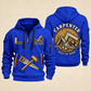 Carpenter Built by Hand quarter-zip hoodie in Blue, front and back, Your name and since 2005 artwork