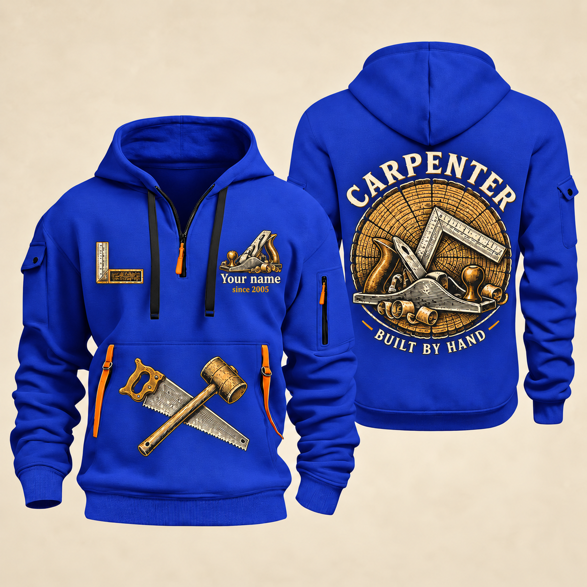 Carpenter Built by Hand quarter-zip hoodie in Blue, front and back, Your name and since 2005 artwork