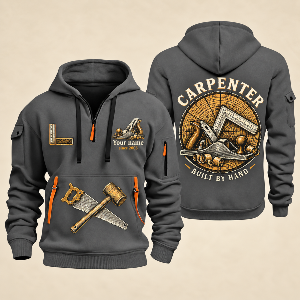Carpenter Built by Hand quarter-zip hoodie in Gray, front and back, Your name and since 2005 artwork