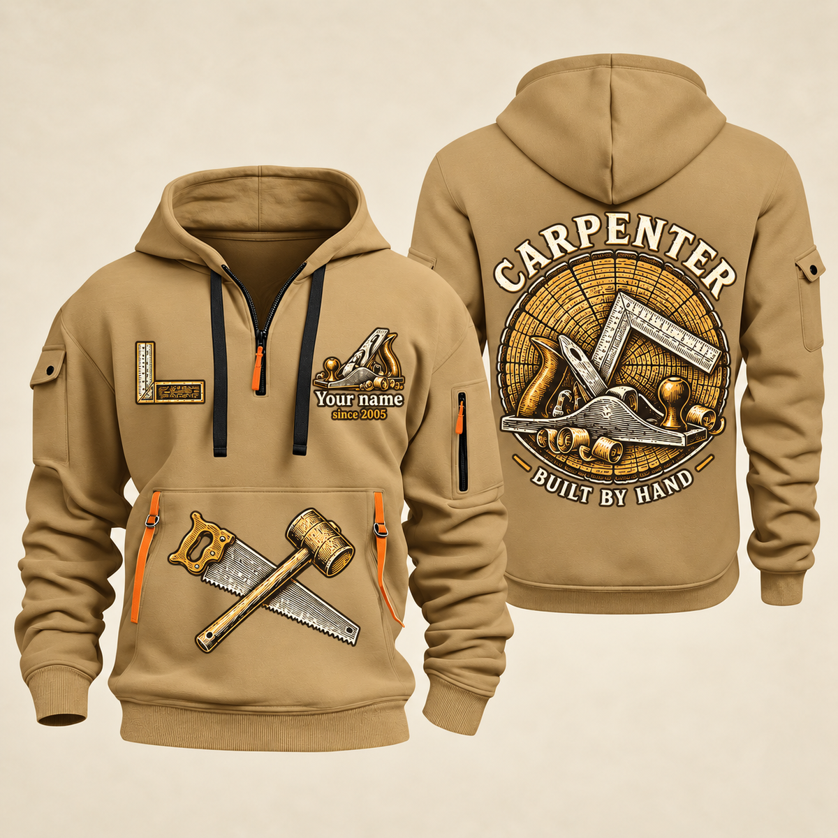 Carpenter Built by Hand quarter-zip hoodie in Khaki, front and back, Your name and since 2005 artwork