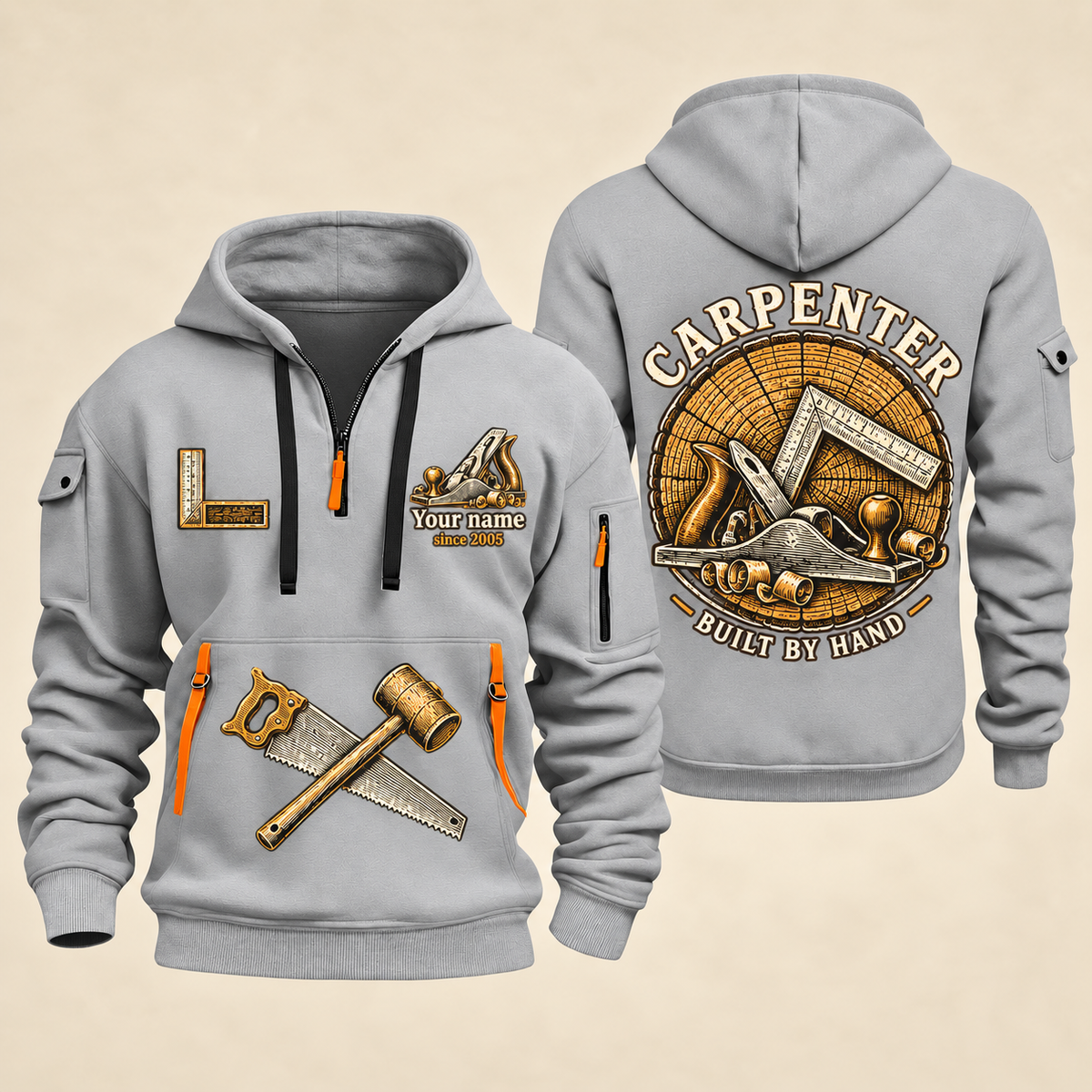 Carpenter Built by Hand quarter-zip hoodie in Light Grey, front and back, Your name and since 2005 artwork