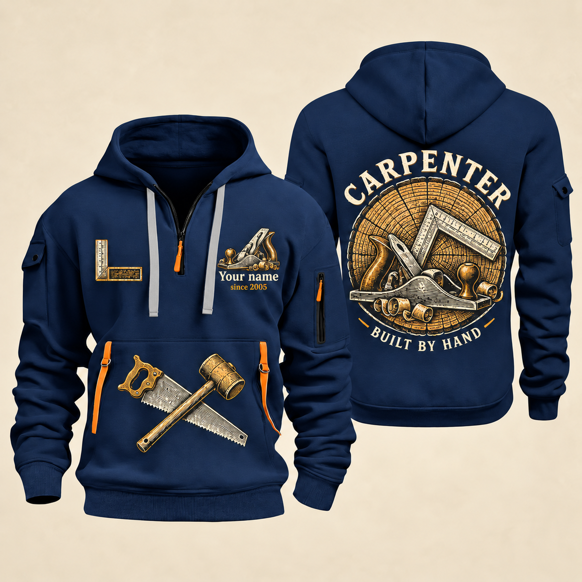 Carpenter Built by Hand quarter-zip hoodie in Navy, front and back, Your name and since 2005 artwork