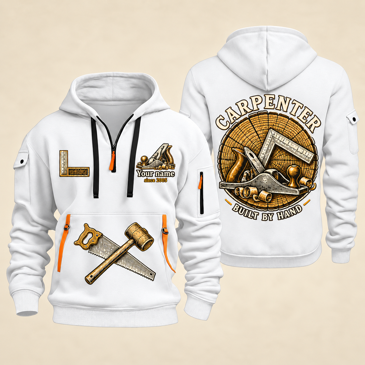 Carpenter Built by Hand quarter-zip hoodie in White, front and back, Your name and since 2005 artwork