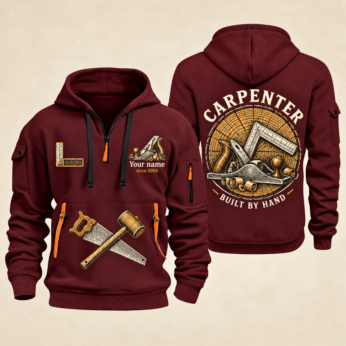 Carpenter Built by Hand quarter-zip hoodie in Wine Red, front and back, Your name and since 2005 artwork