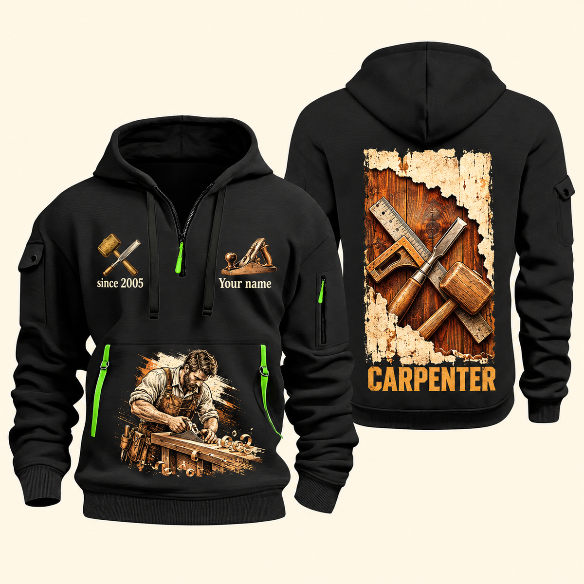 Carpenter Timber Tools Torn Poster quarter-zip hoodie in Black, front and back, Your name and since 2005 artwork