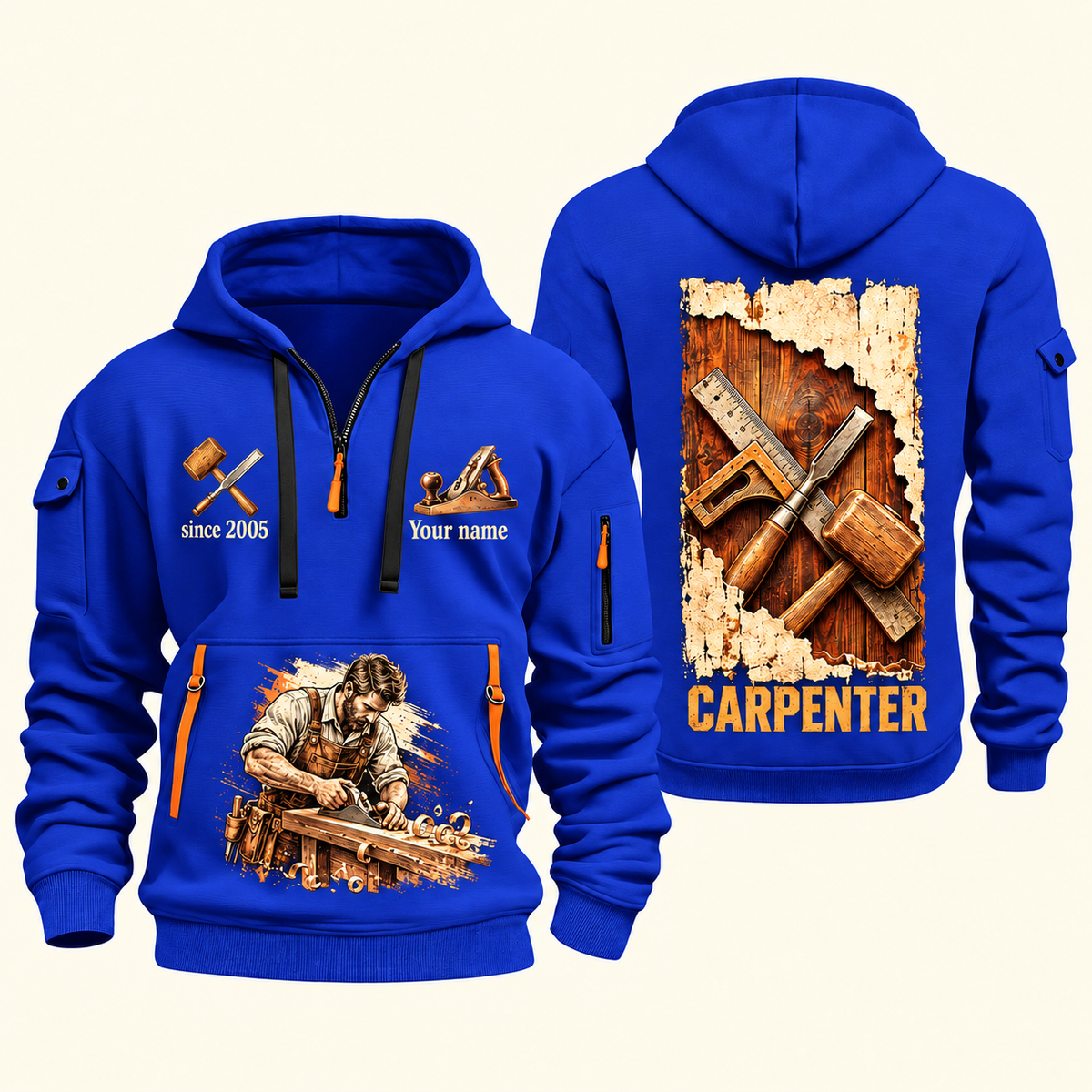 Carpenter Timber Tools Torn Poster quarter-zip hoodie in Blue, front and back, Your name and since 2005 artwork