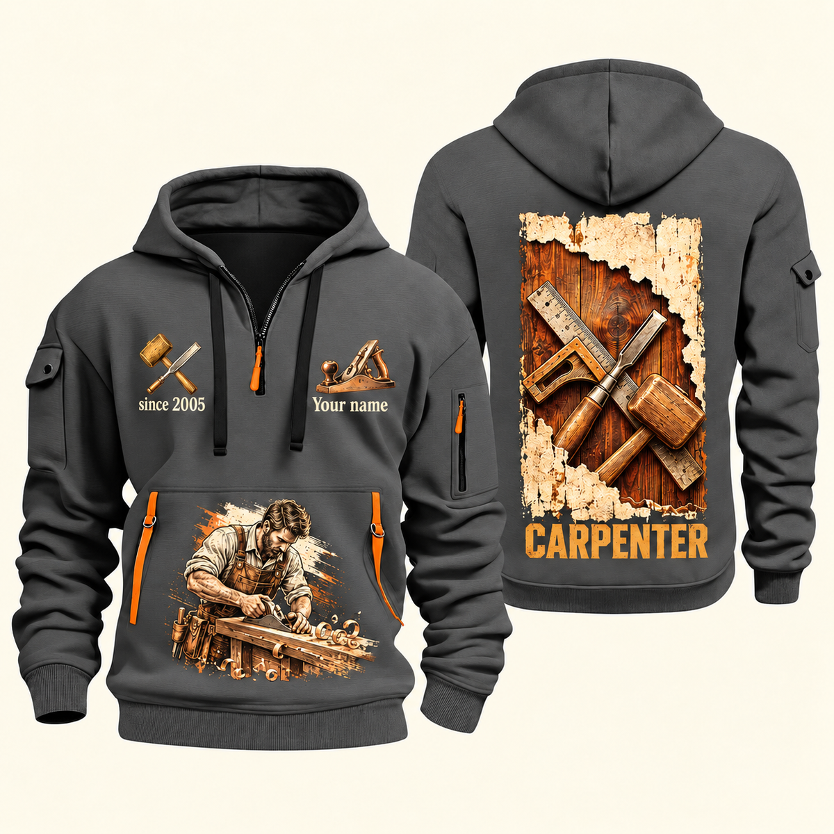 Carpenter Timber Tools Torn Poster quarter-zip hoodie in Gray, front and back, Your name and since 2005 artwork