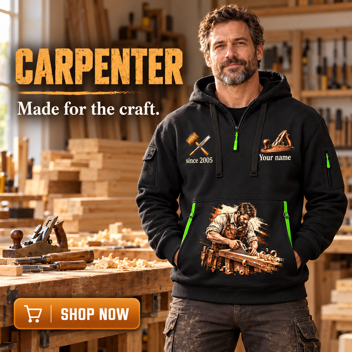 Carpenter wearing Timber Tools Torn Poster quarter-zip hoodie in their workplace; product introduction and shopping call to action