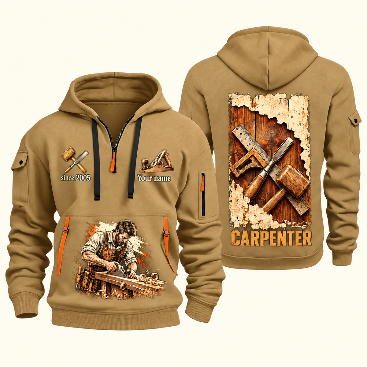 Carpenter Timber Tools Torn Poster quarter-zip hoodie in Khaki, front and back, Your name and since 2005 artwork