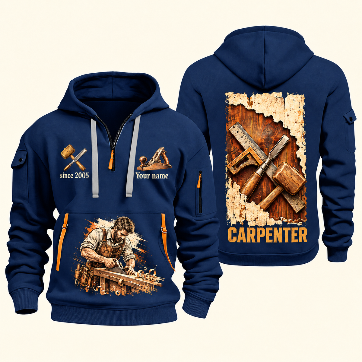 Carpenter Timber Tools Torn Poster quarter-zip hoodie in Navy, front and back, Your name and since 2005 artwork