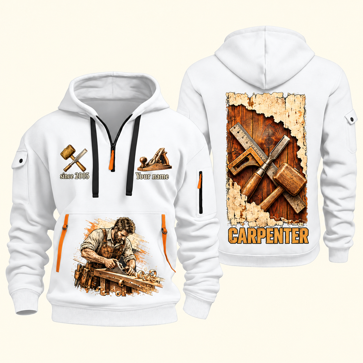 Carpenter Timber Tools Torn Poster quarter-zip hoodie in White, front and back, Your name and since 2005 artwork