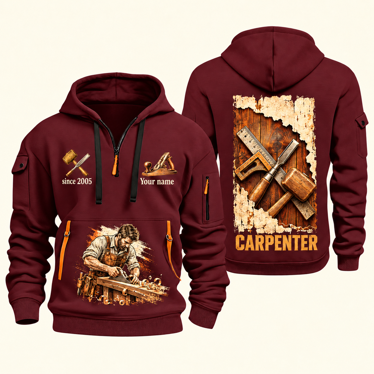 Carpenter Timber Tools Torn Poster quarter-zip hoodie in Wine Red, front and back, Your name and since 2005 artwork