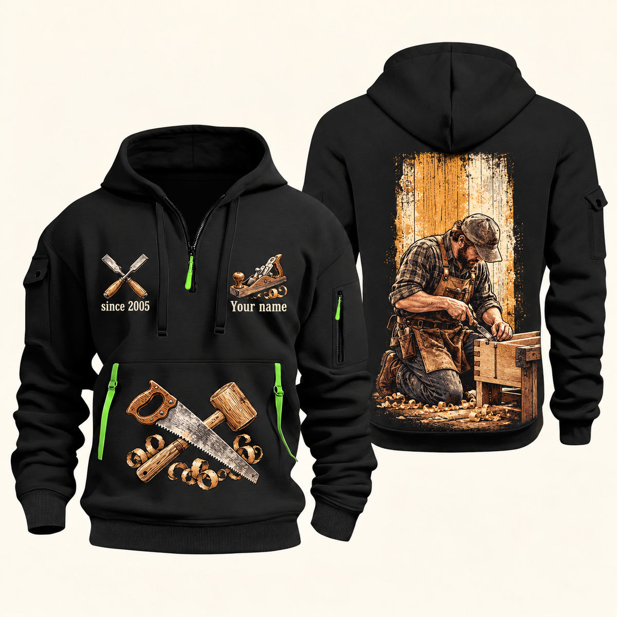Carpenter Dovetail Craft quarter-zip hoodie in Black, front and back, Your name and since 2005 artwork
