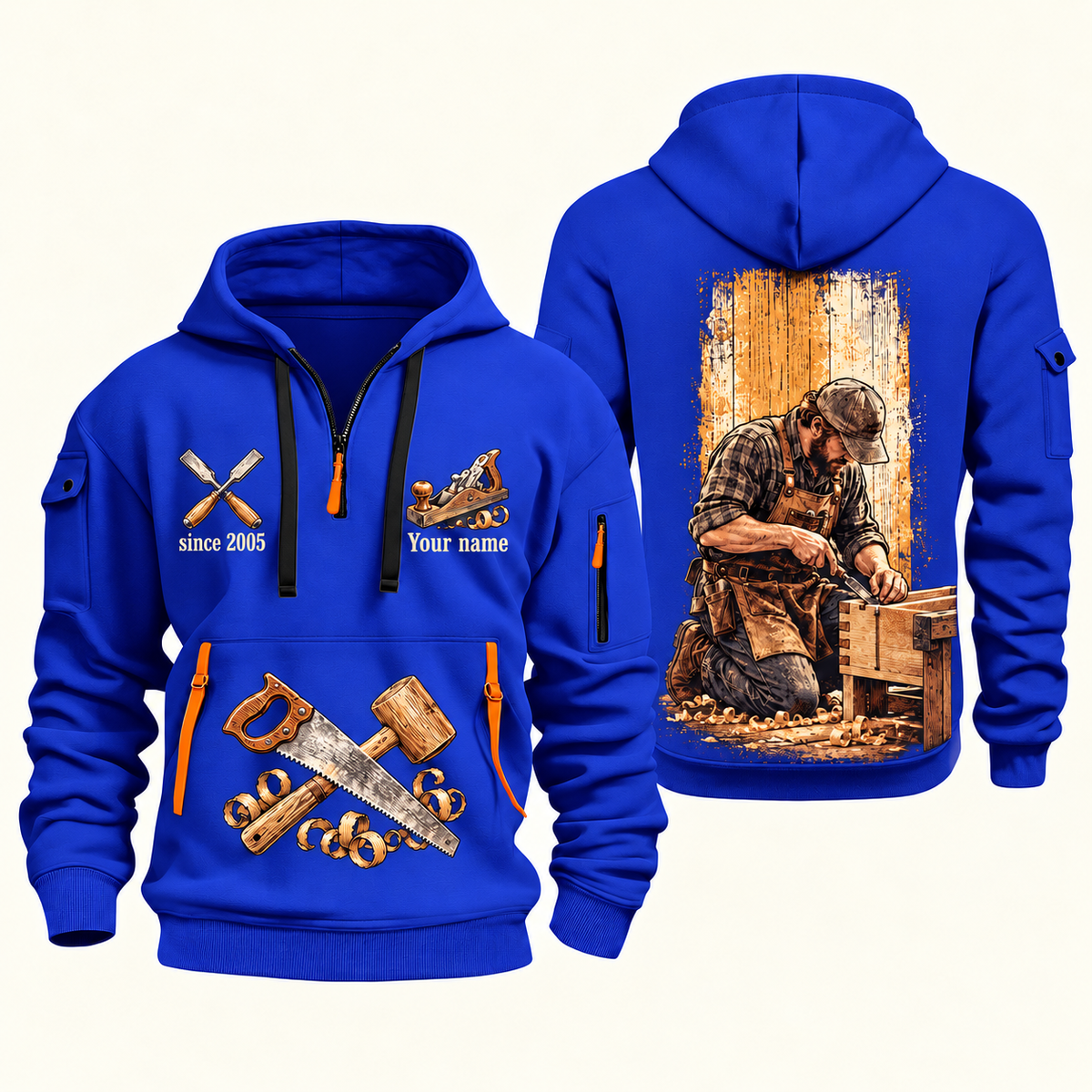 Carpenter Dovetail Craft quarter-zip hoodie in Blue, front and back, Your name and since 2005 artwork