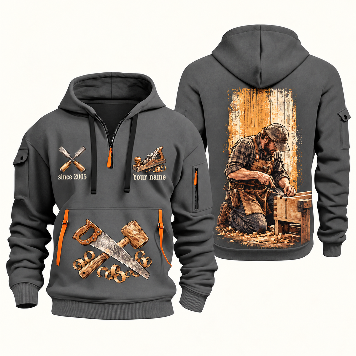 Carpenter Dovetail Craft quarter-zip hoodie in Gray, front and back, Your name and since 2005 artwork