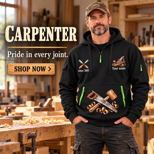 Carpenter wearing Dovetail Craft quarter-zip hoodie in their workplace; product introduction and shopping call to action