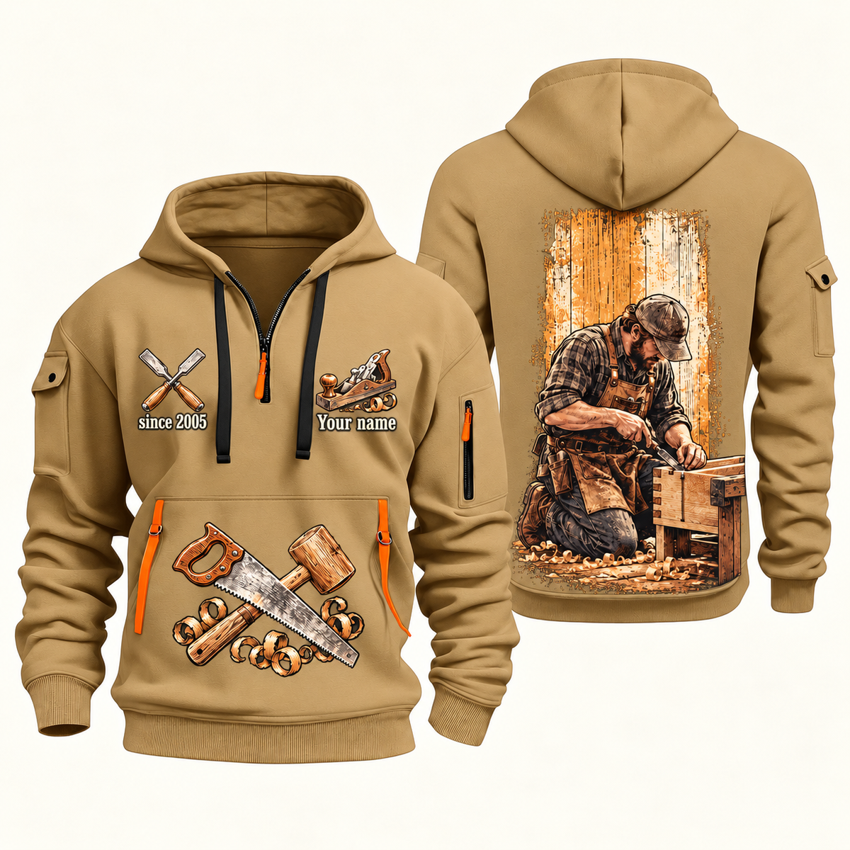 Carpenter Dovetail Craft quarter-zip hoodie in Khaki, front and back, Your name and since 2005 artwork
