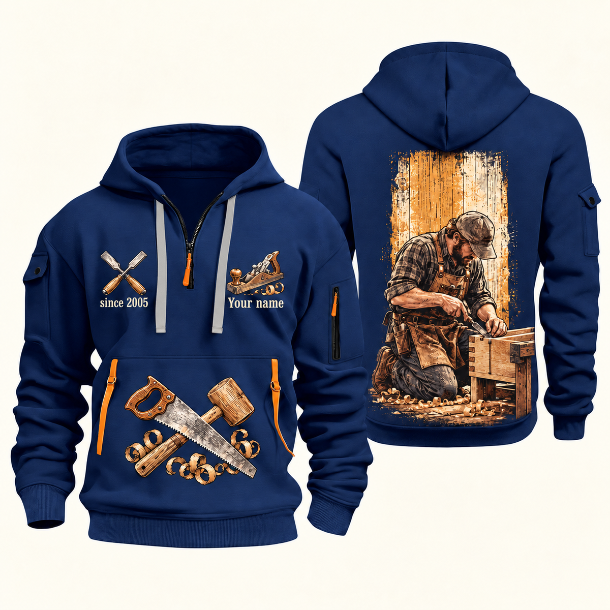 Carpenter Dovetail Craft quarter-zip hoodie in Navy, front and back, Your name and since 2005 artwork