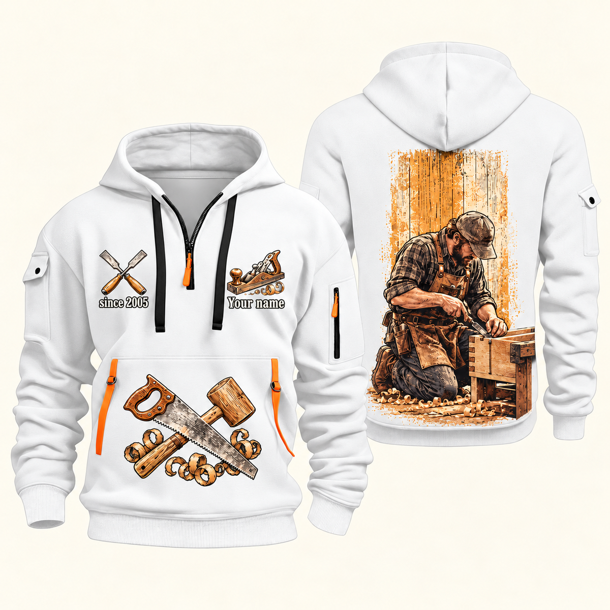 Carpenter Dovetail Craft quarter-zip hoodie in White, front and back, Your name and since 2005 artwork