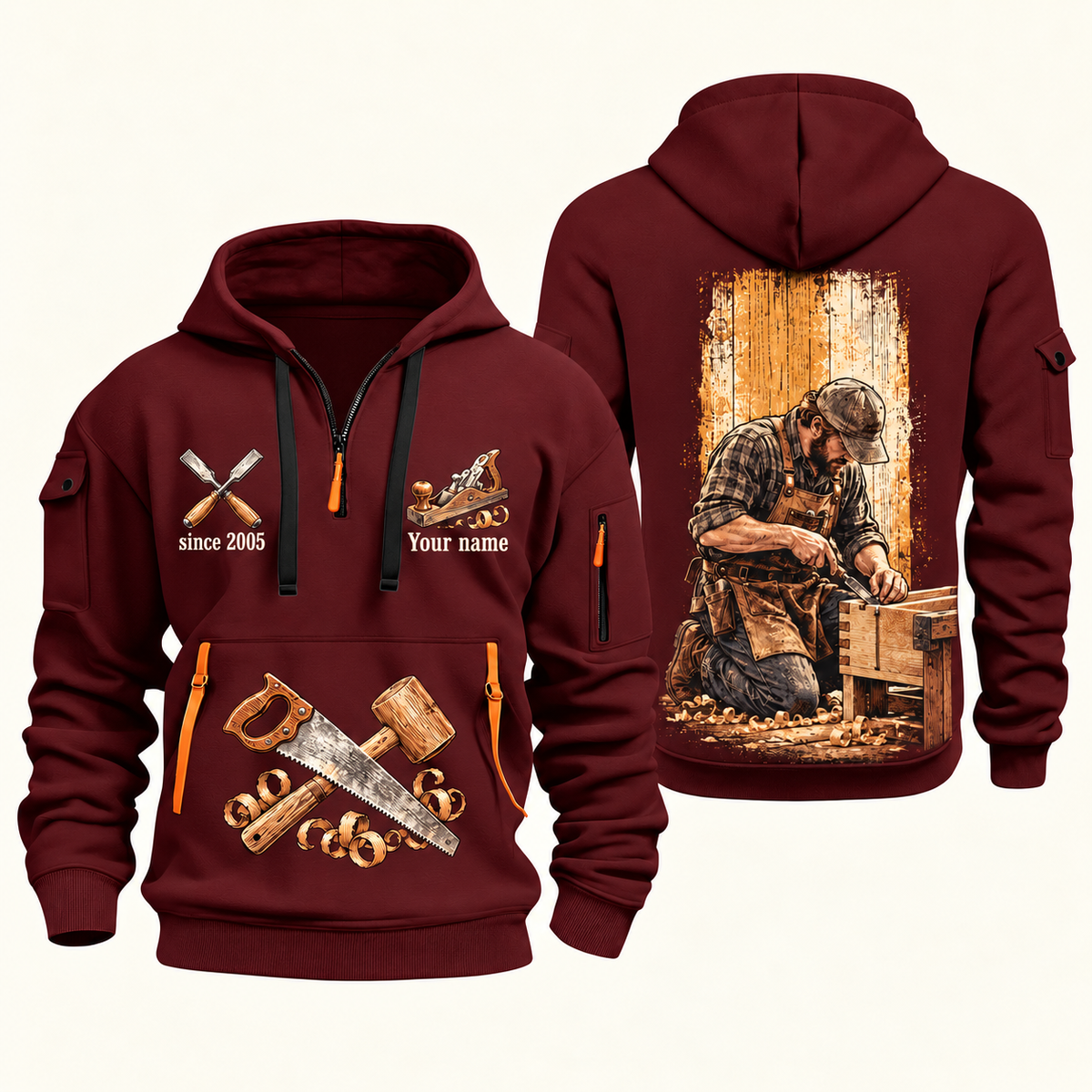 Carpenter Dovetail Craft quarter-zip hoodie in Wine Red, front and back, Your name and since 2005 artwork