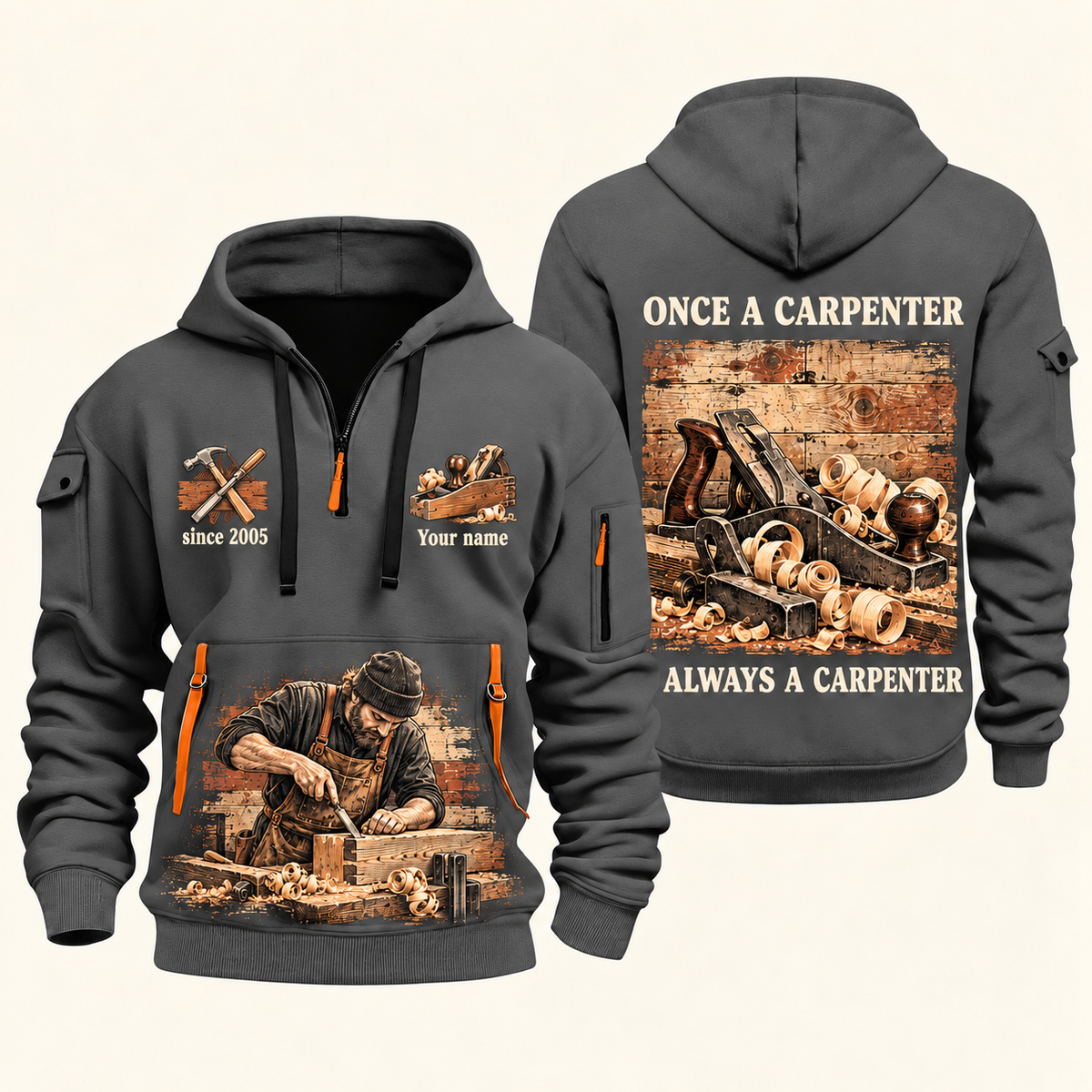 Carpenter Once and Always quarter-zip hoodie in Gray, front and back, Your name and since 2005 artwork