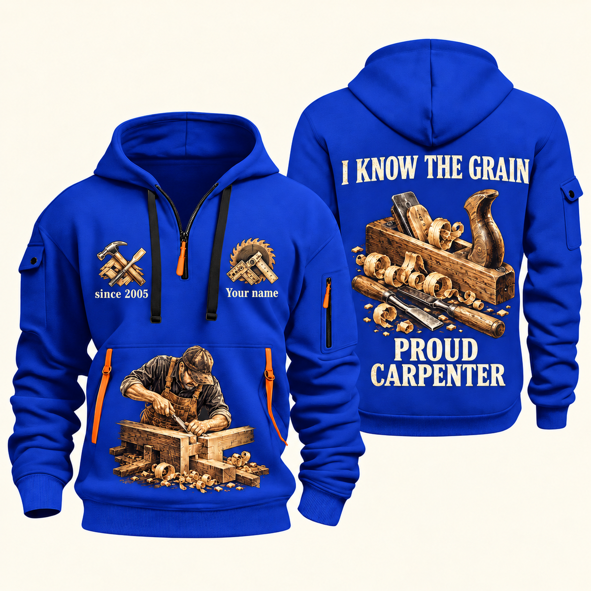 Carpenter Proud Craftsperson quarter-zip hoodie in Blue, front and back, Your name and since 2005 artwork