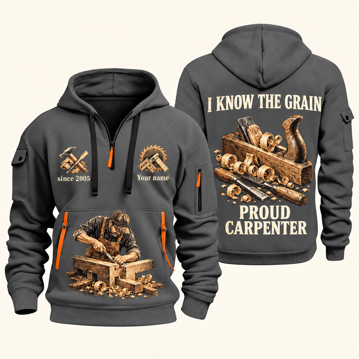 Carpenter Proud Craftsperson quarter-zip hoodie in Gray, front and back, Your name and since 2005 artwork