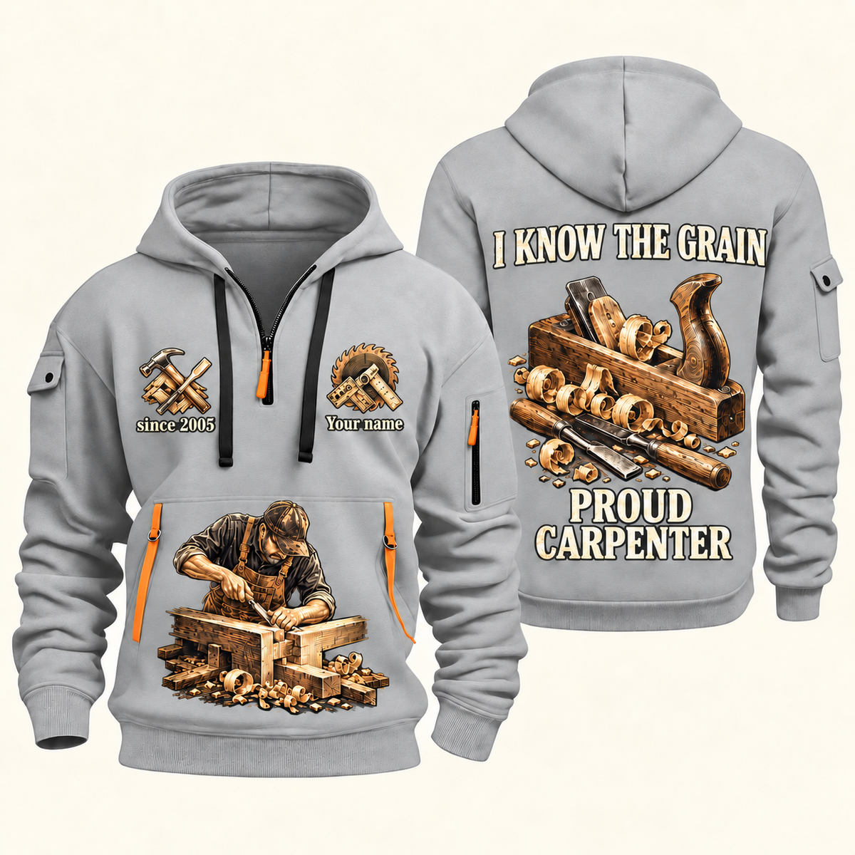 Carpenter Proud Craftsperson quarter-zip hoodie in Light Grey, front and back, Your name and since 2005 artwork