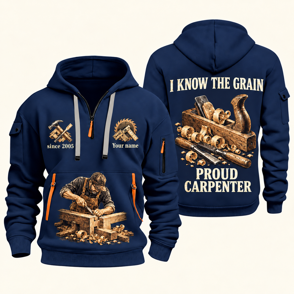 Carpenter Proud Craftsperson quarter-zip hoodie in Navy, front and back, Your name and since 2005 artwork