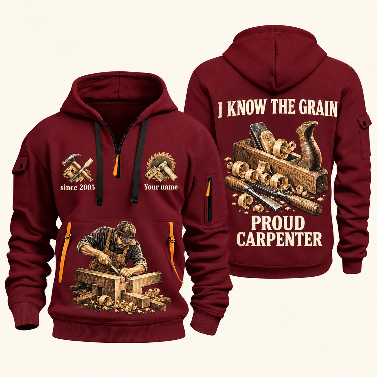 Carpenter Proud Craftsperson quarter-zip hoodie in Wine Red, front and back, Your name and since 2005 artwork