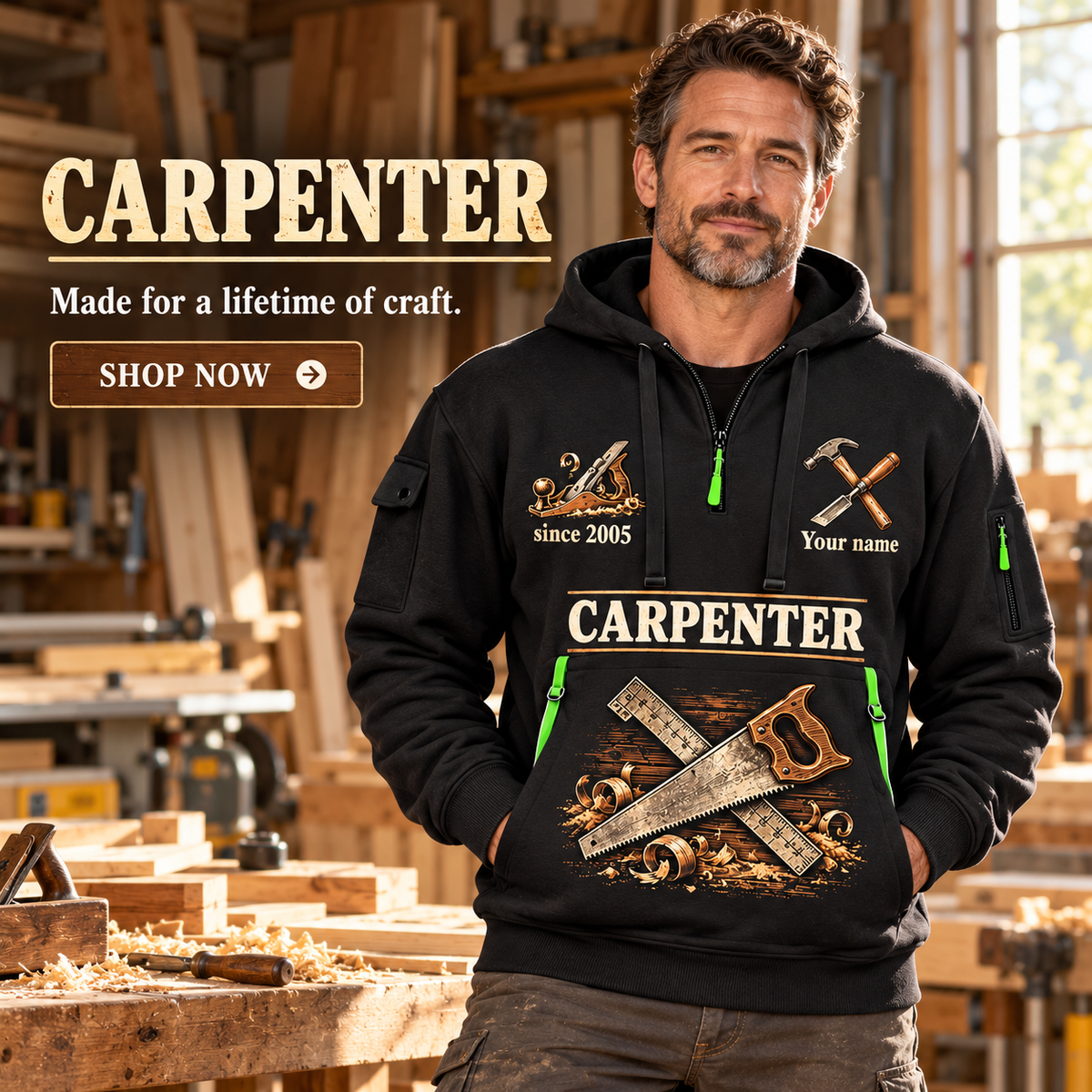 Carpenter wearing Lifelong Craft quarter-zip hoodie in their workplace; product introduction and shopping call to action