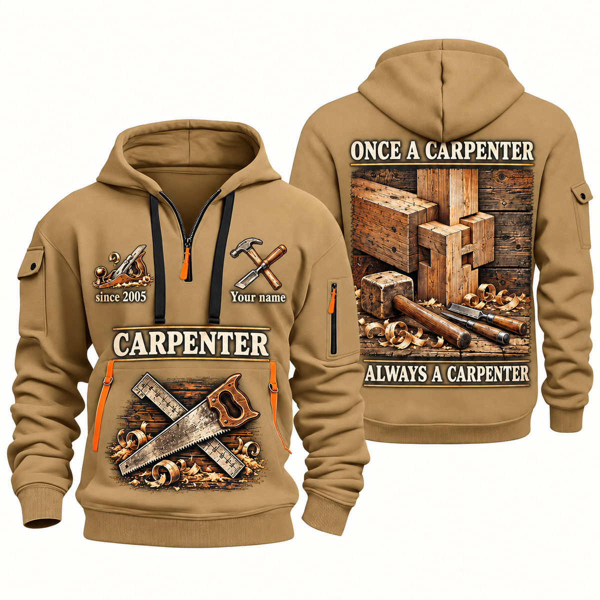 Carpenter Lifelong Craft quarter-zip hoodie in Khaki, front and back, Your name and since 2005 artwork