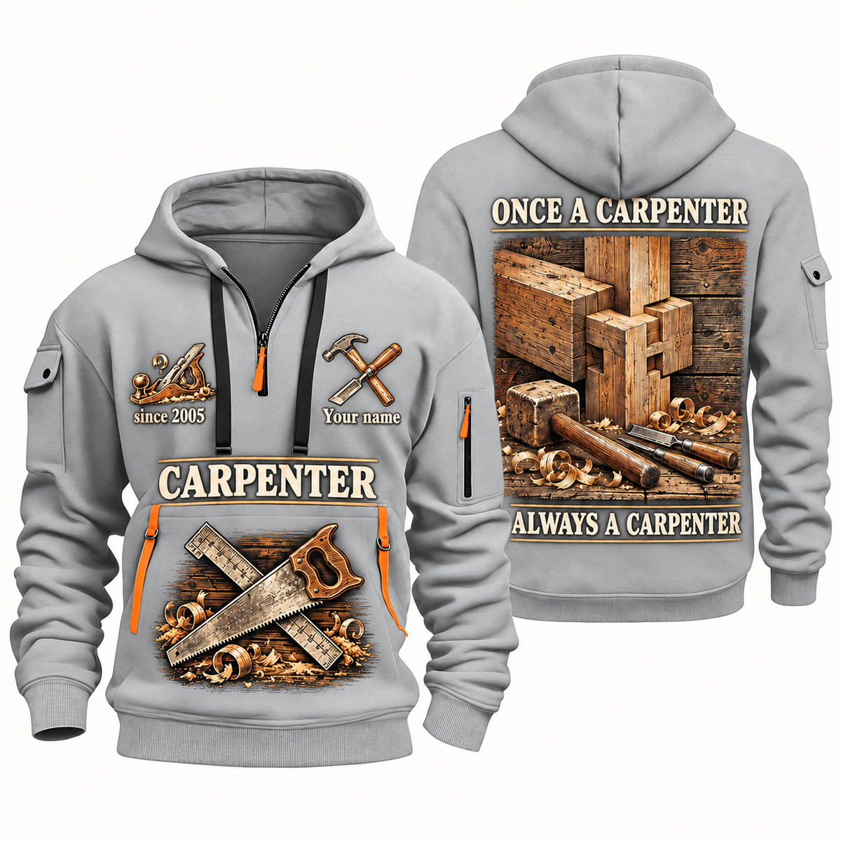Carpenter Lifelong Craft quarter-zip hoodie in Light Grey, front and back, Your name and since 2005 artwork