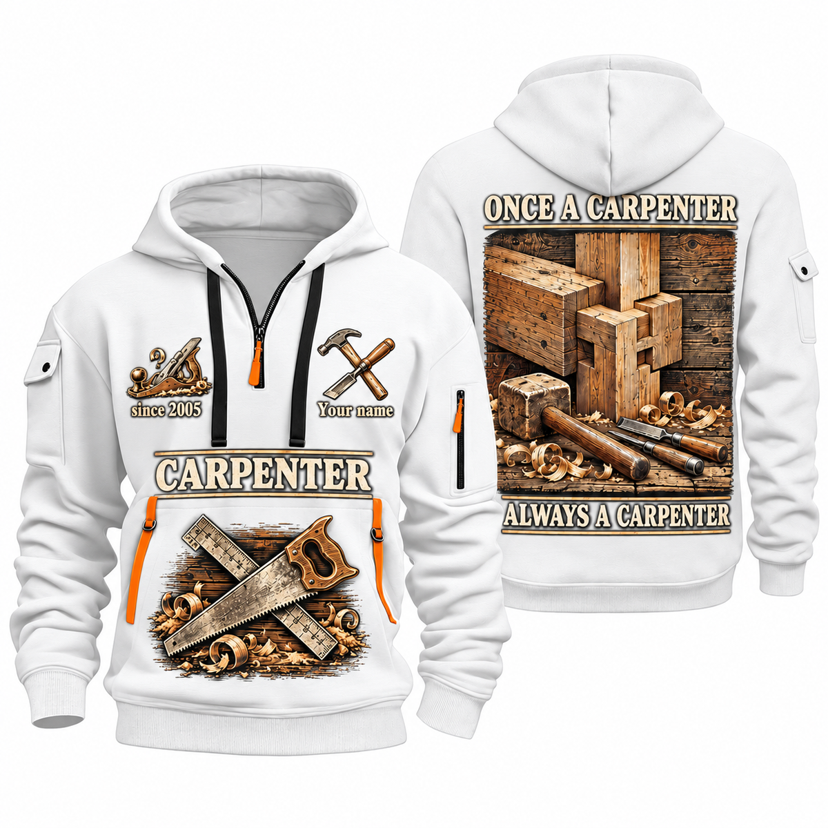 Carpenter Lifelong Craft quarter-zip hoodie in White, front and back, Your name and since 2005 artwork
