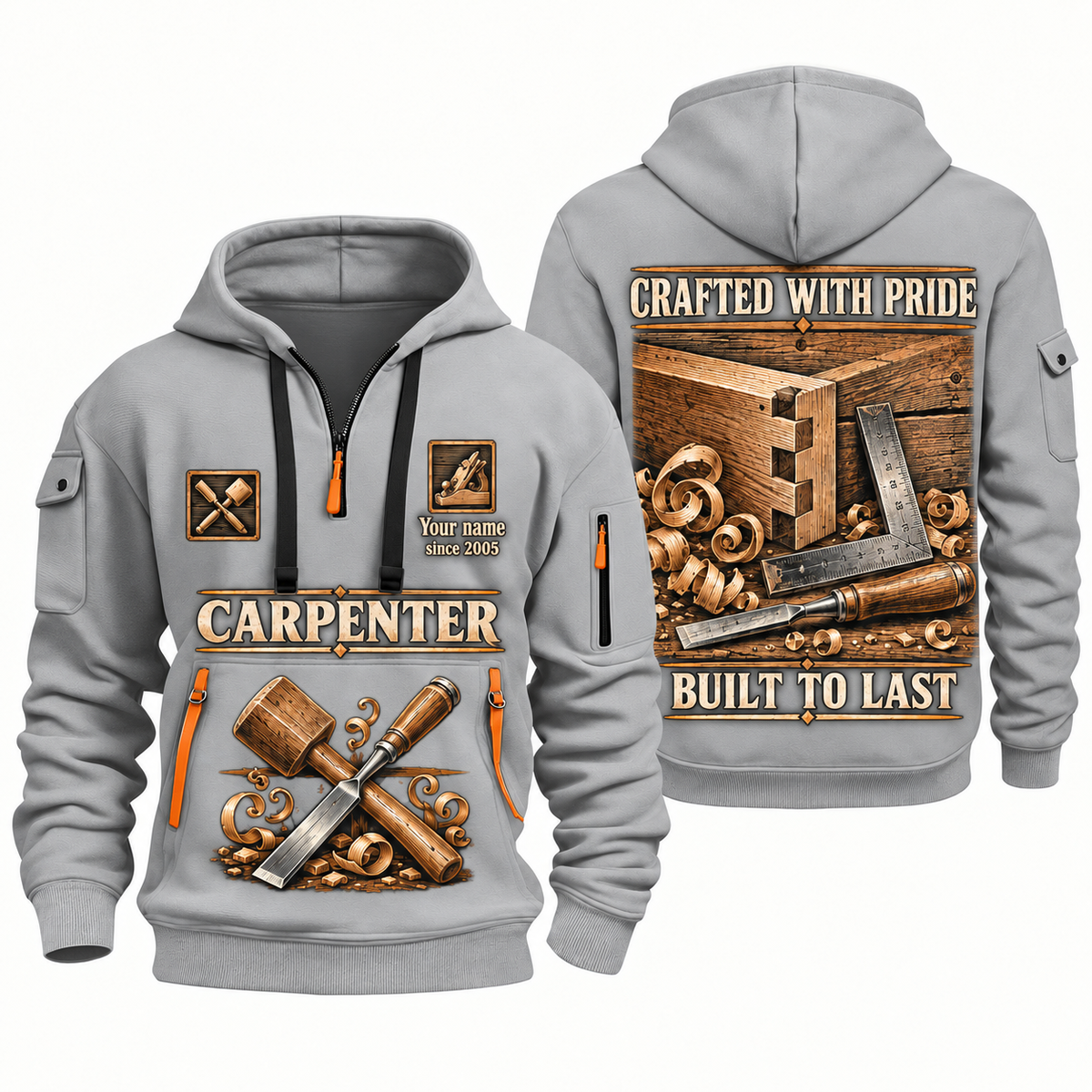 Carpenter Built to Last quarter-zip hoodie in Light Grey, front and back, Your name and since 2005 artwork