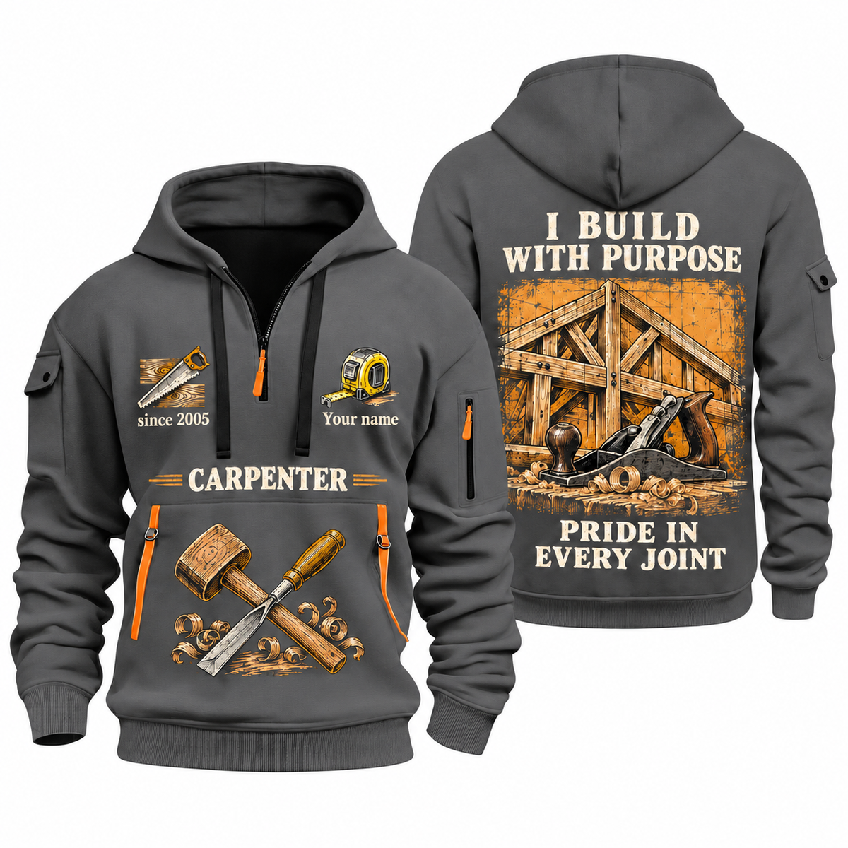 Carpenter Work with Purpose quarter-zip hoodie in Gray, front and back, Your name and since 2005 artwork