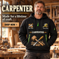 Carpenter wearing Work with Purpose quarter-zip hoodie in their workplace; product introduction and shopping call to action