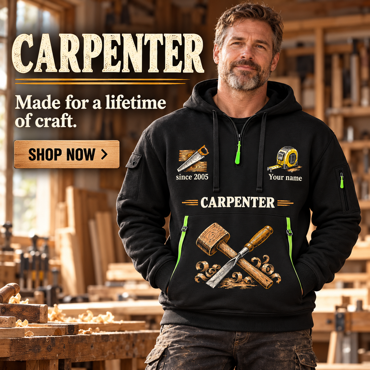 Carpenter wearing Work with Purpose quarter-zip hoodie in their workplace; product introduction and shopping call to action