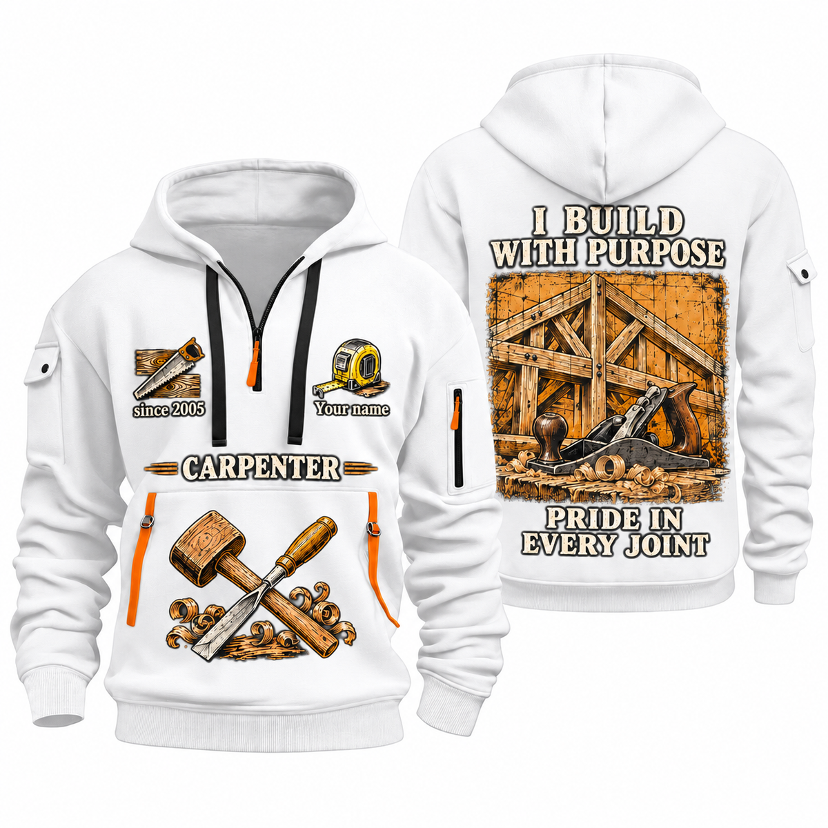 Carpenter Work with Purpose quarter-zip hoodie in White, front and back, Your name and since 2005 artwork