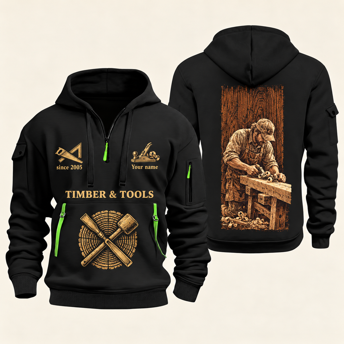 Carpenter Golden Craft quarter-zip hoodie in Black, front and back, Your name and since 2005 artwork